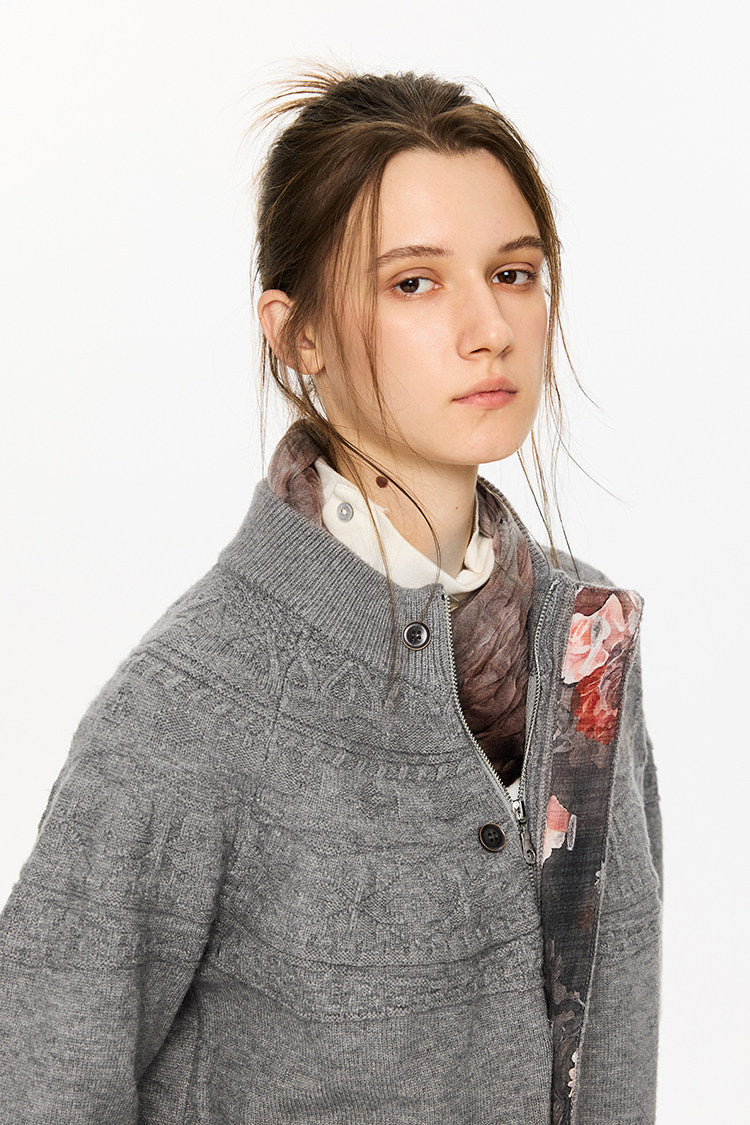 Jacquard Knit Zip Cardigan
