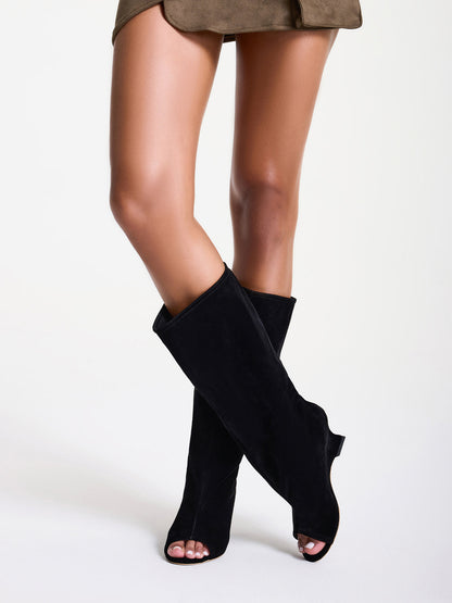 Suede Textured Open-Toe Wedge Boots