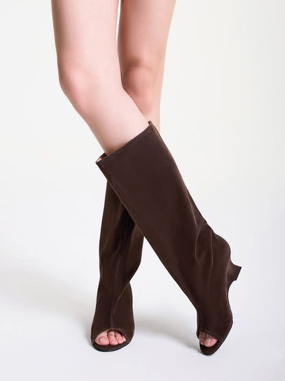 Suede Textured Open-Toe Wedge Boots