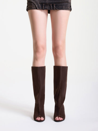 Suede Textured Open-Toe Wedge Boots