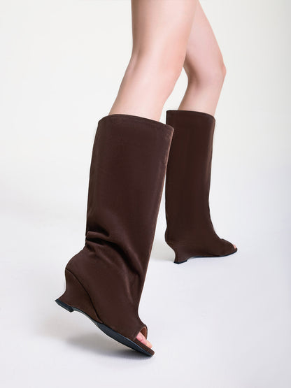 Suede Textured Open-Toe Wedge Boots