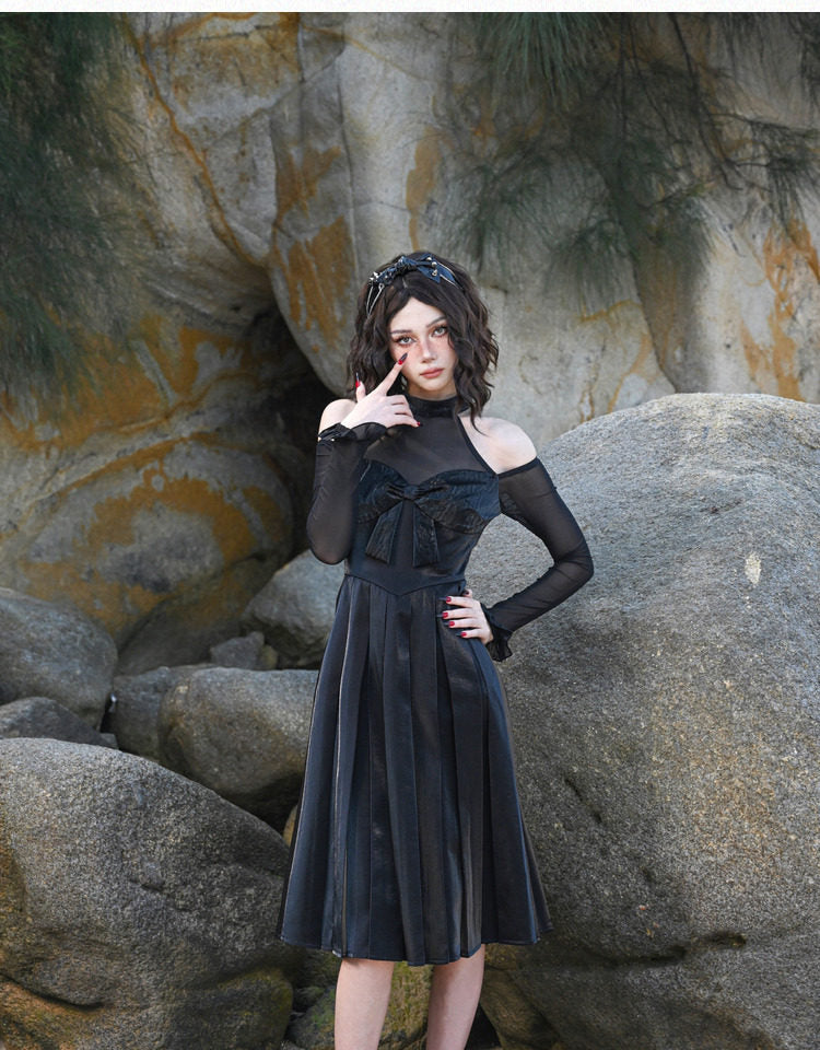 Glossy Halter Pleated Midi Dress