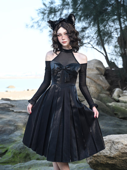 Glossy Halter Pleated Midi Dress