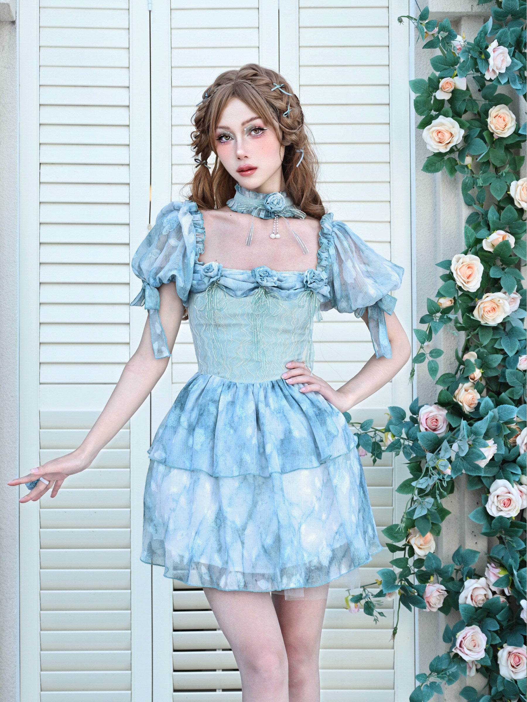 Lace Ruffle Puff-Sleeve Dress