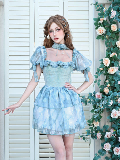 Lace Ruffle Puff-Sleeve Dress