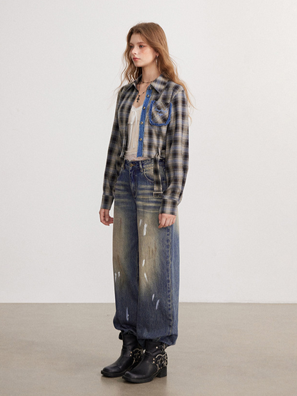 Fringe Plaid Cropped Shirt Jacket