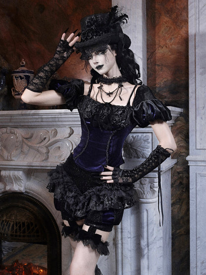 Velvet Puff-Sleeve Lace-Up Top