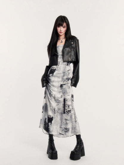 Newspaper Print Ruched Maxi Dress