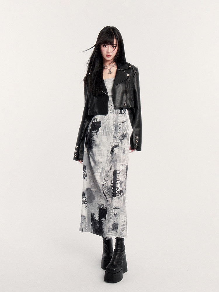 Newspaper Print Ruched Maxi Dress