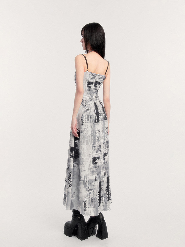 Newspaper Print Ruched Maxi Dress