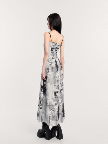 Newspaper Print Ruched Maxi Dress