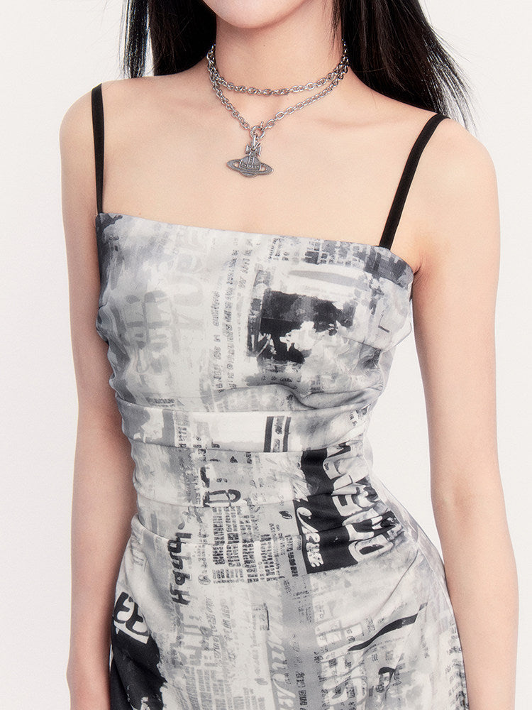 Newspaper Print Ruched Maxi Dress