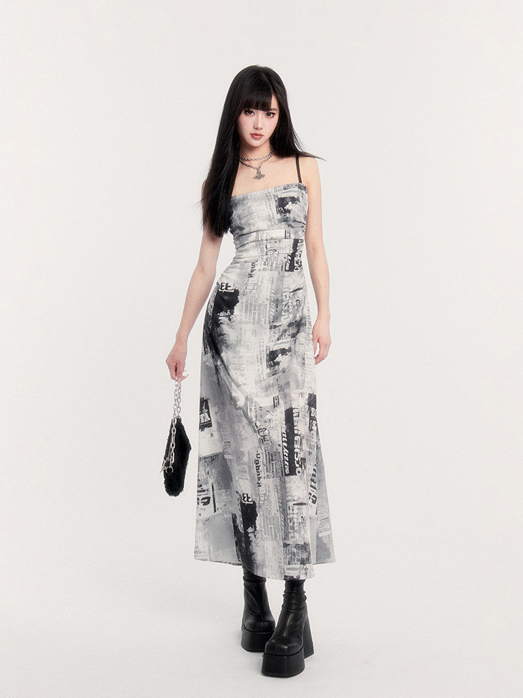 Newspaper Print Ruched Maxi Dress