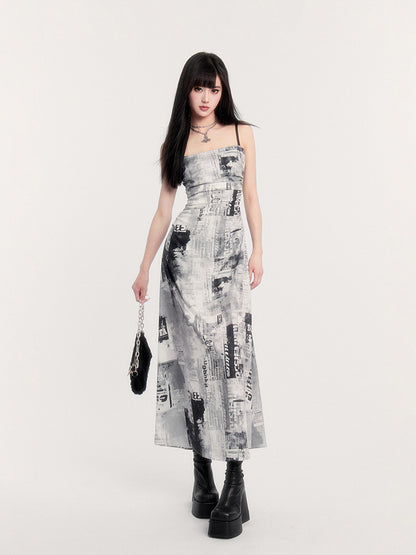 Newspaper Print Ruched Maxi Dress