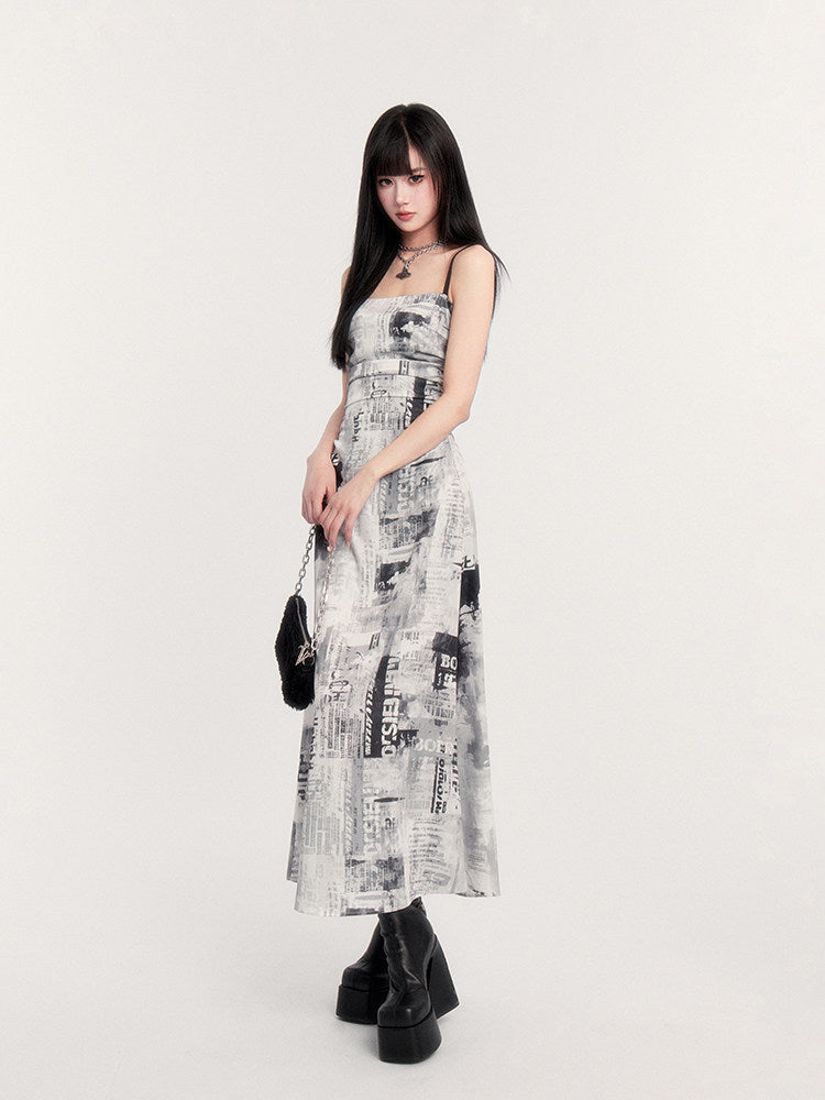 Newspaper Print Ruched Maxi Dress