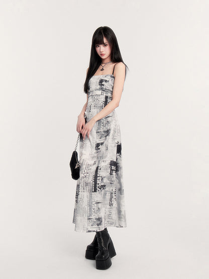 Newspaper Print Ruched Maxi Dress