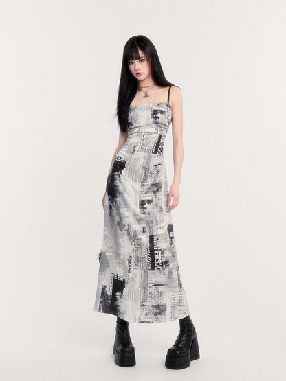 Newspaper Print Ruched Maxi Dress