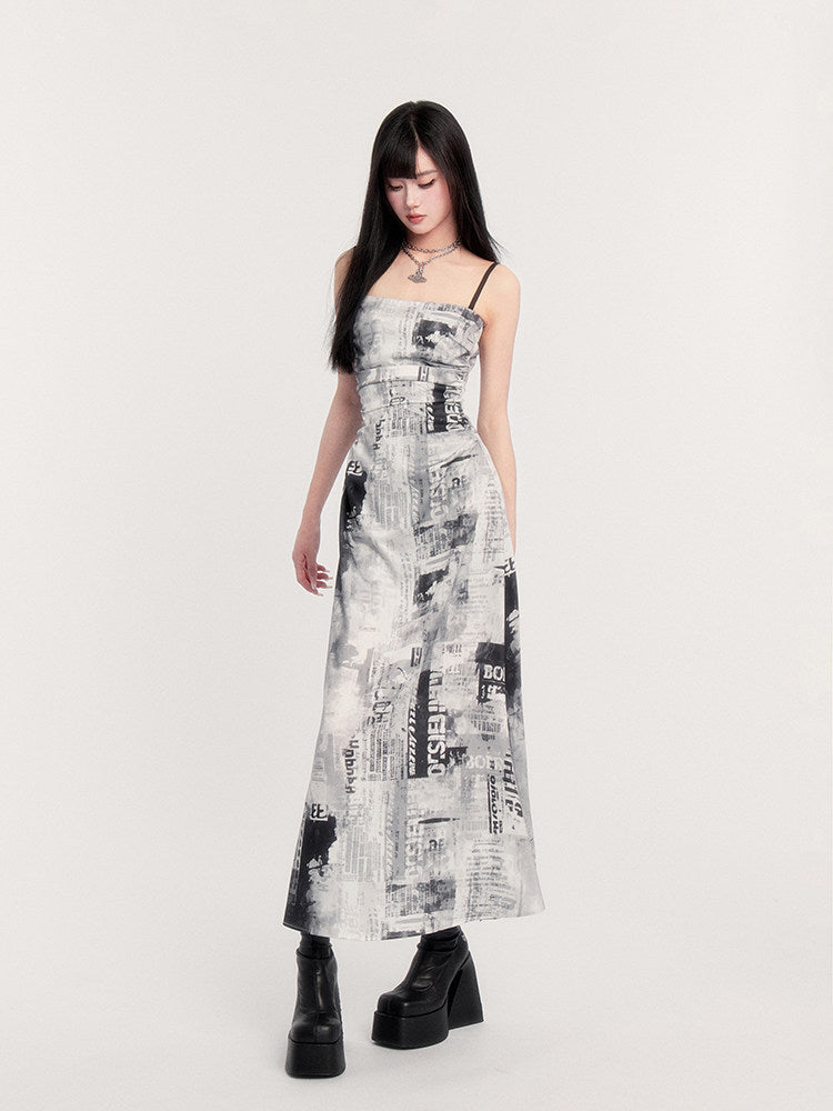 Newspaper Print Ruched Maxi Dress