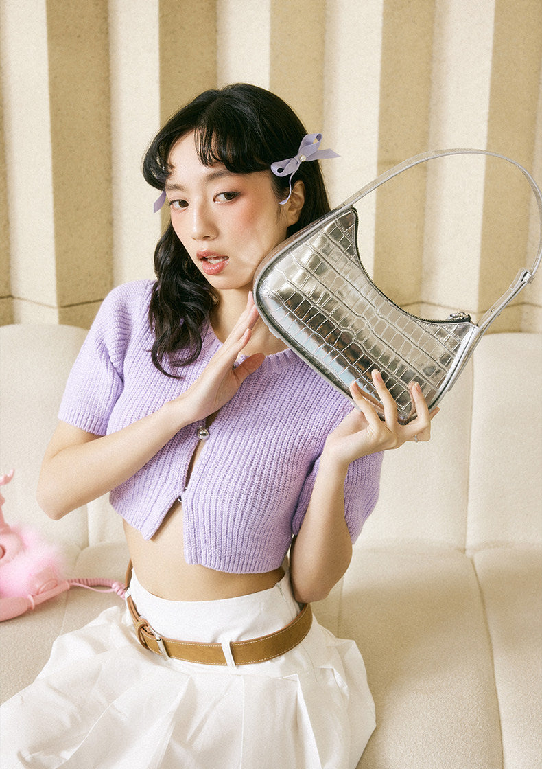 Crocodile Textured Curved Shoulder Bag
