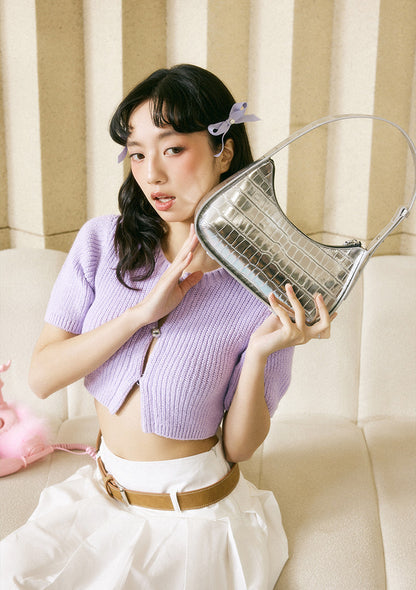 Crocodile Textured Curved Shoulder Bag