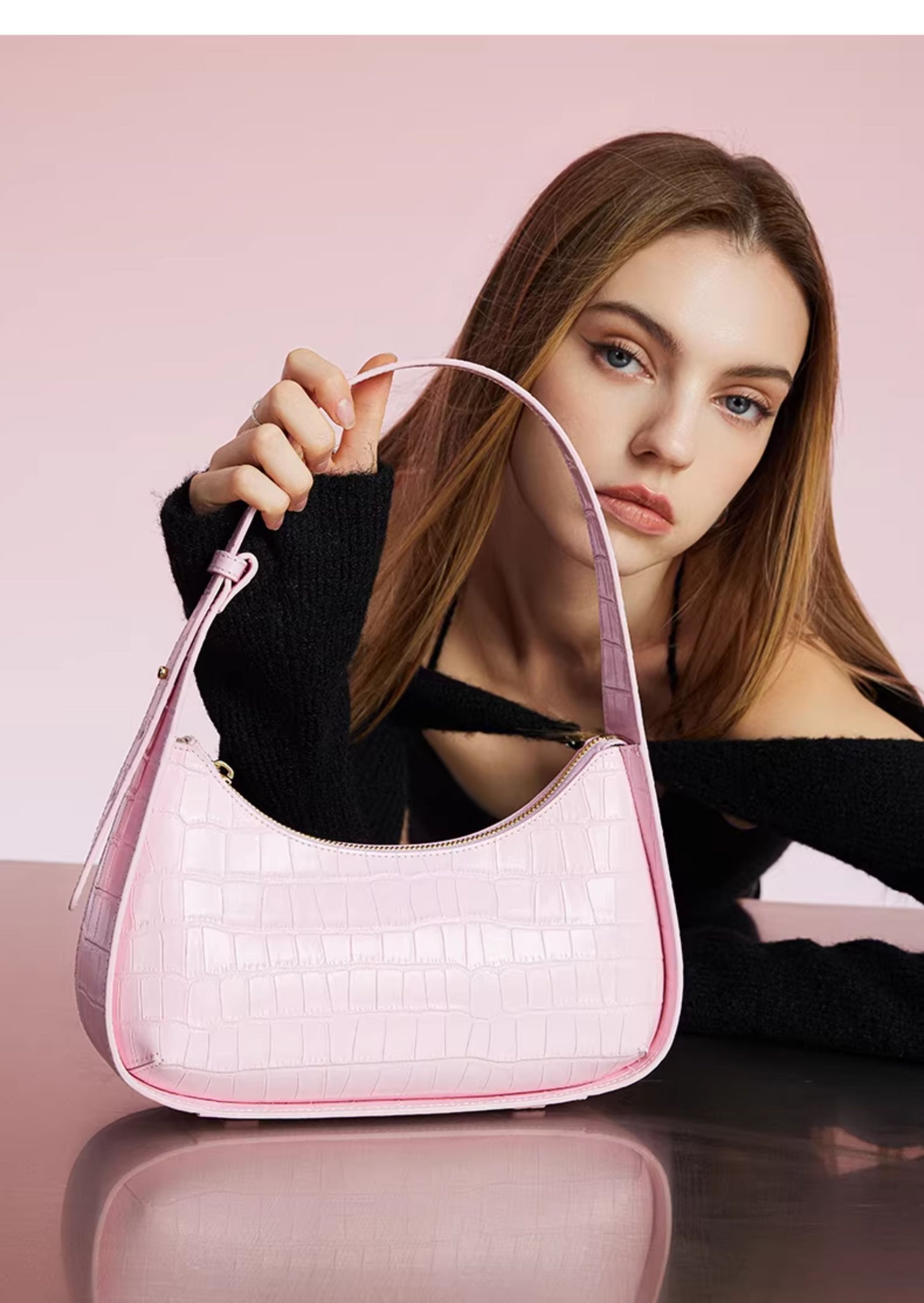 Crocodile Textured Curved Shoulder Bag