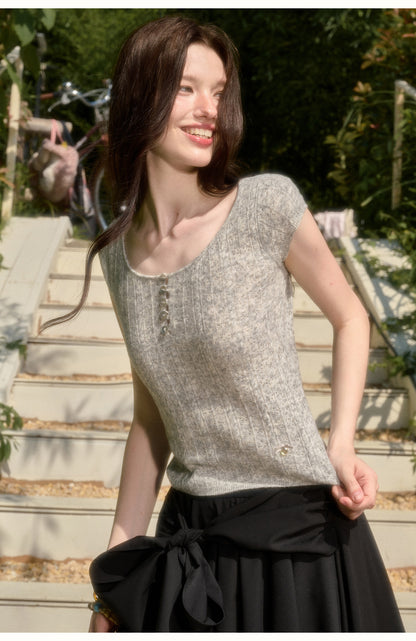Soft Wool Fitted Short-Sleeve Top