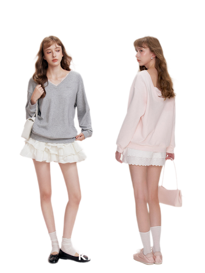Lace Trim Back Cutout Pullover