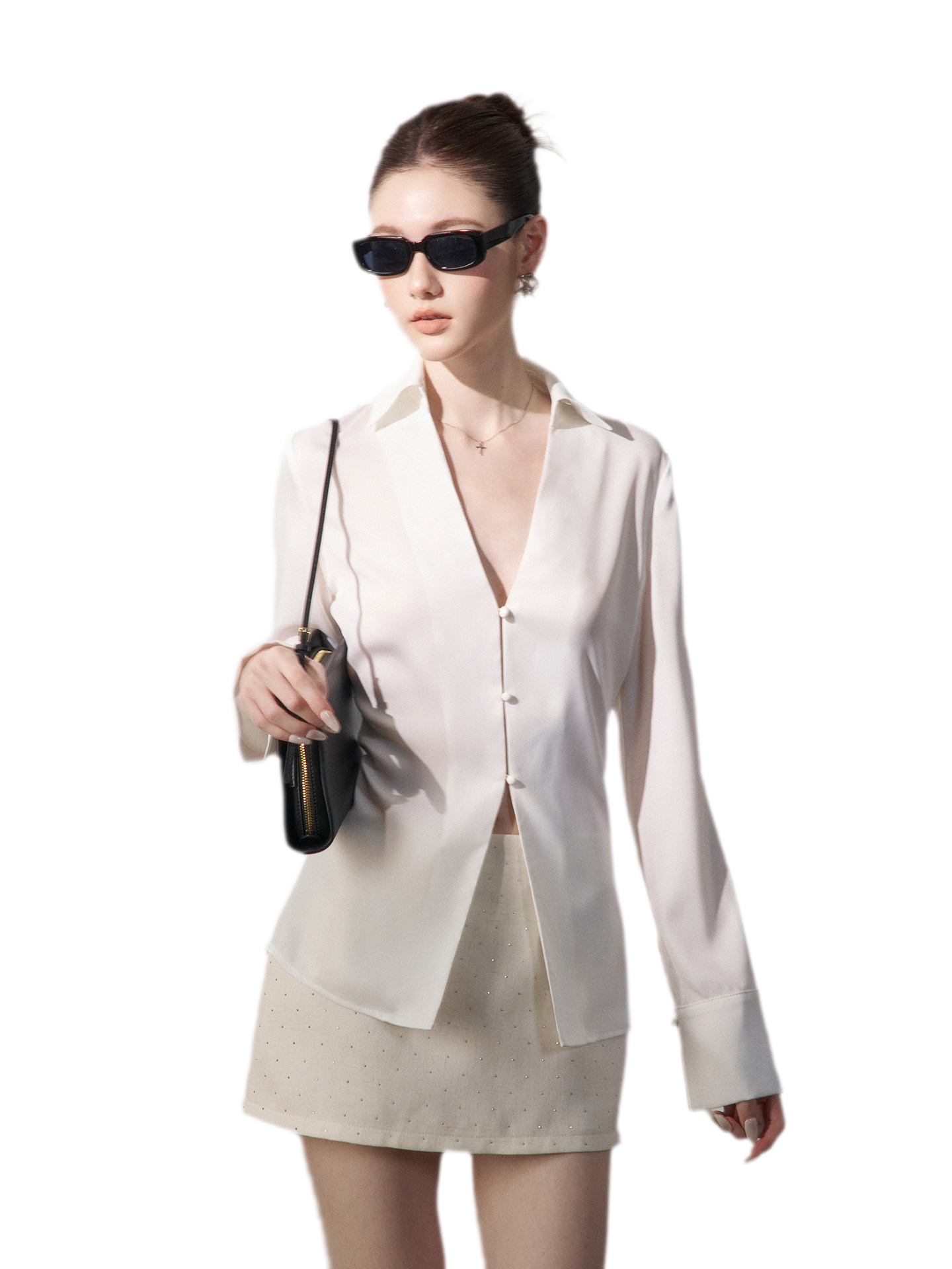 Satin Three-Button V-Neck Blouse