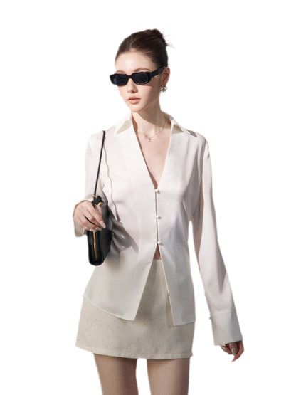 Satin Three-Button V-Neck Blouse