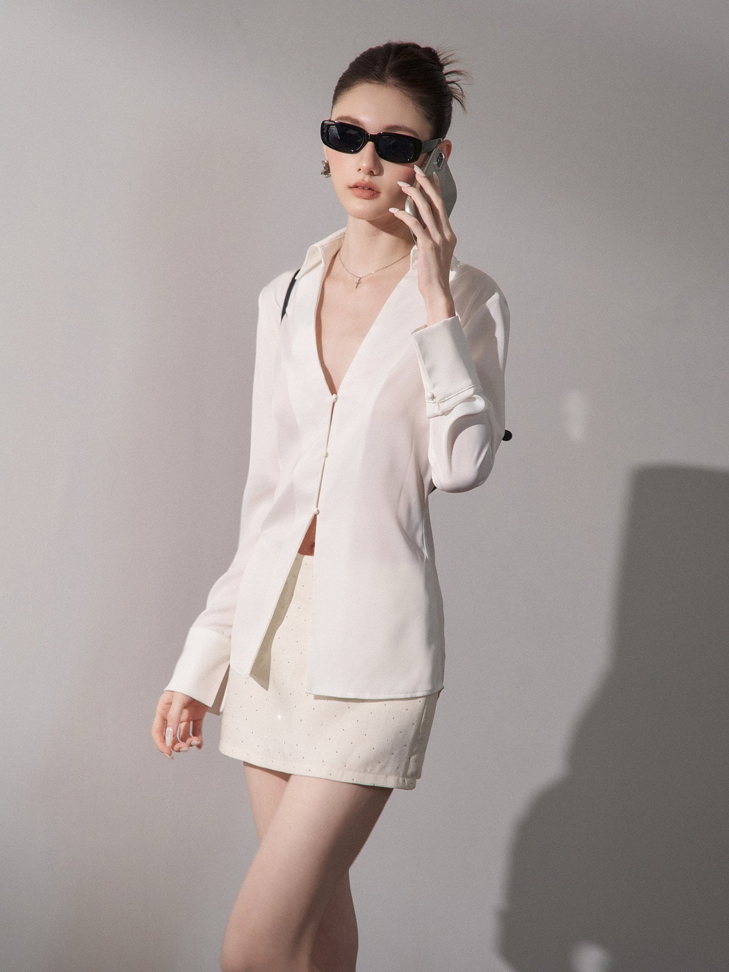 Satin Three-Button V-Neck Blouse