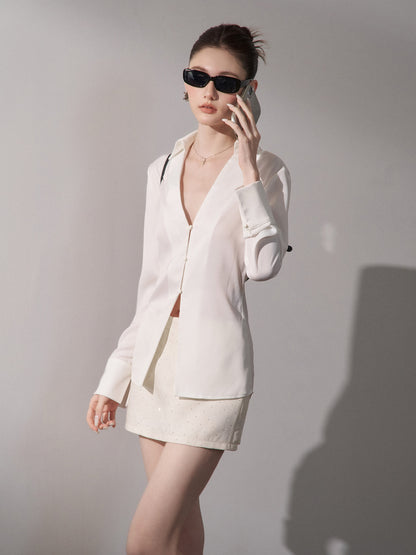 Satin Three-Button V-Neck Blouse