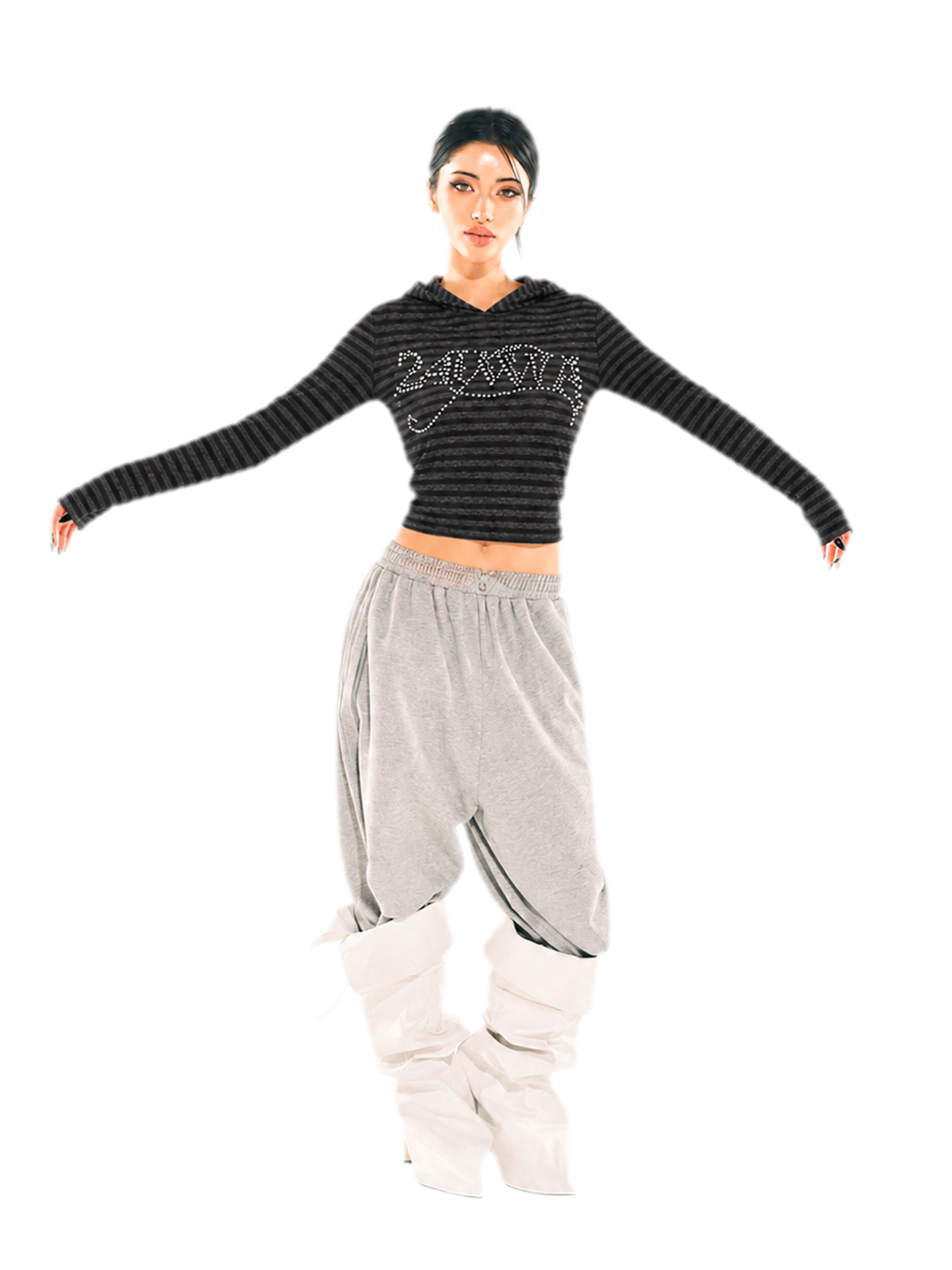 Rhinestone Cropped Hooded T-Shirt