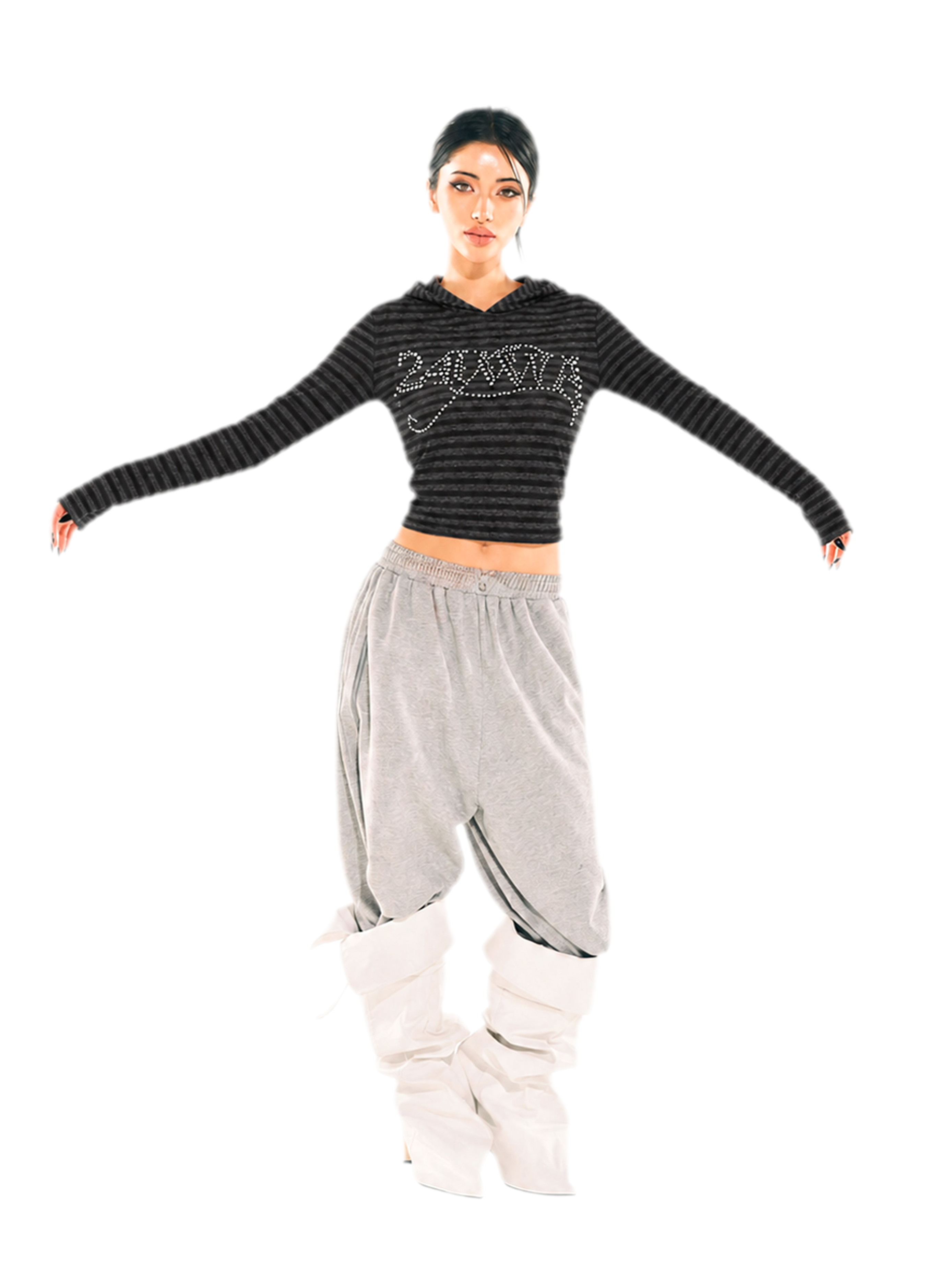 Rhinestone Cropped Hooded T-Shirt