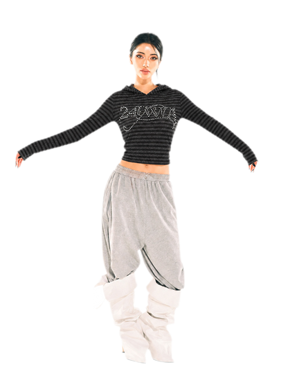 Rhinestone Cropped Hooded T-Shirt