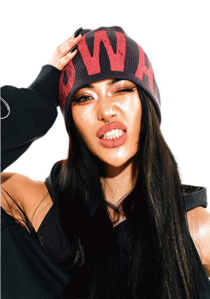 Graphic Print Rib Knit Beanie