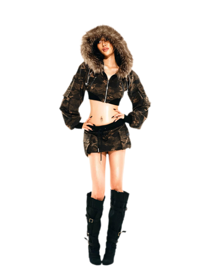 Camouflage Cropped Jacket Skirt Set