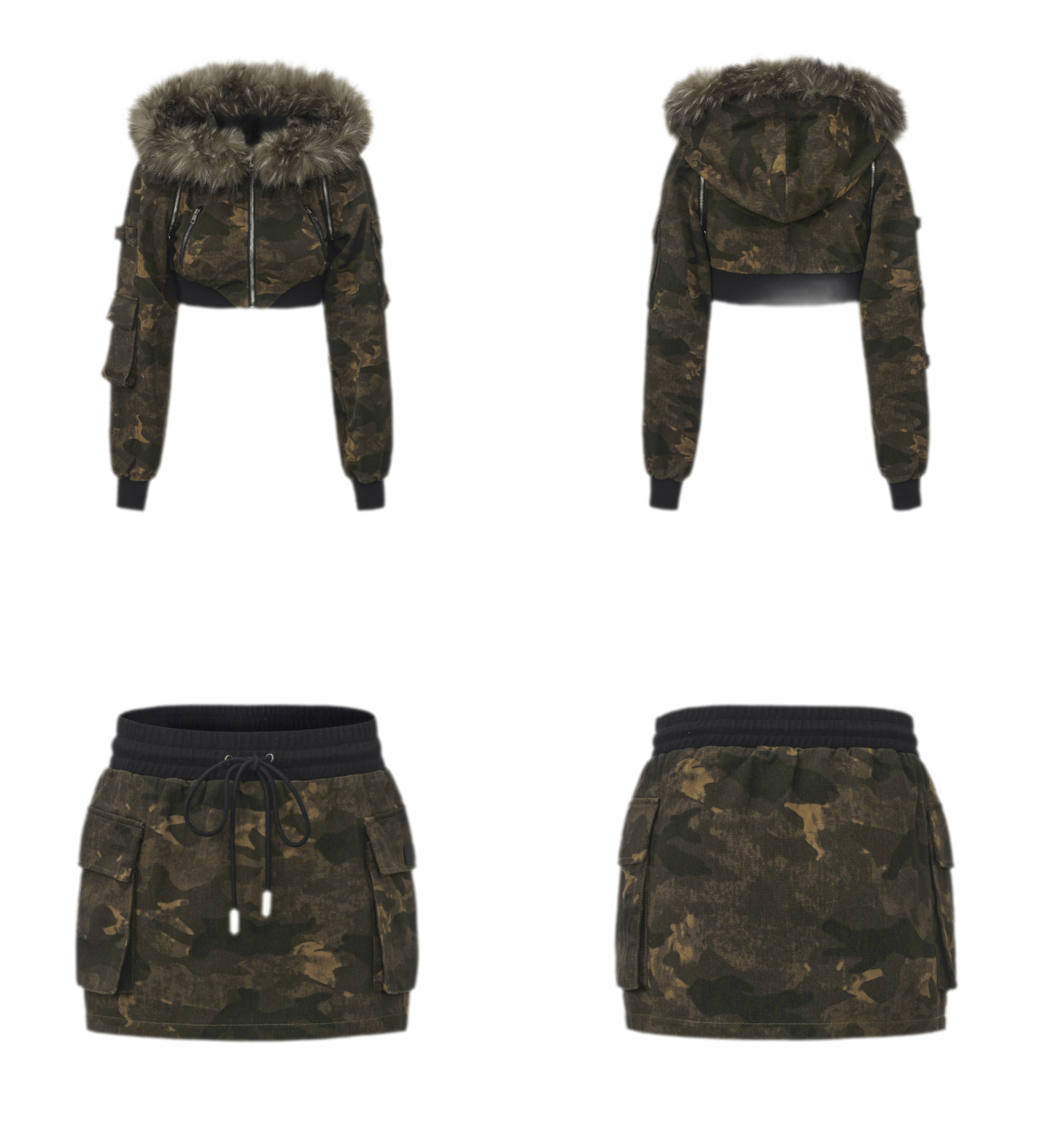 Camouflage Cropped Jacket Skirt Set