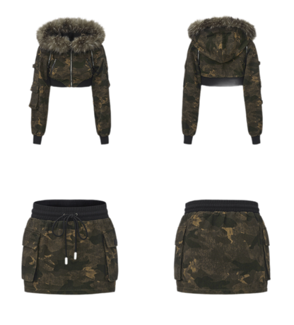 Camouflage Cropped Jacket Skirt Set