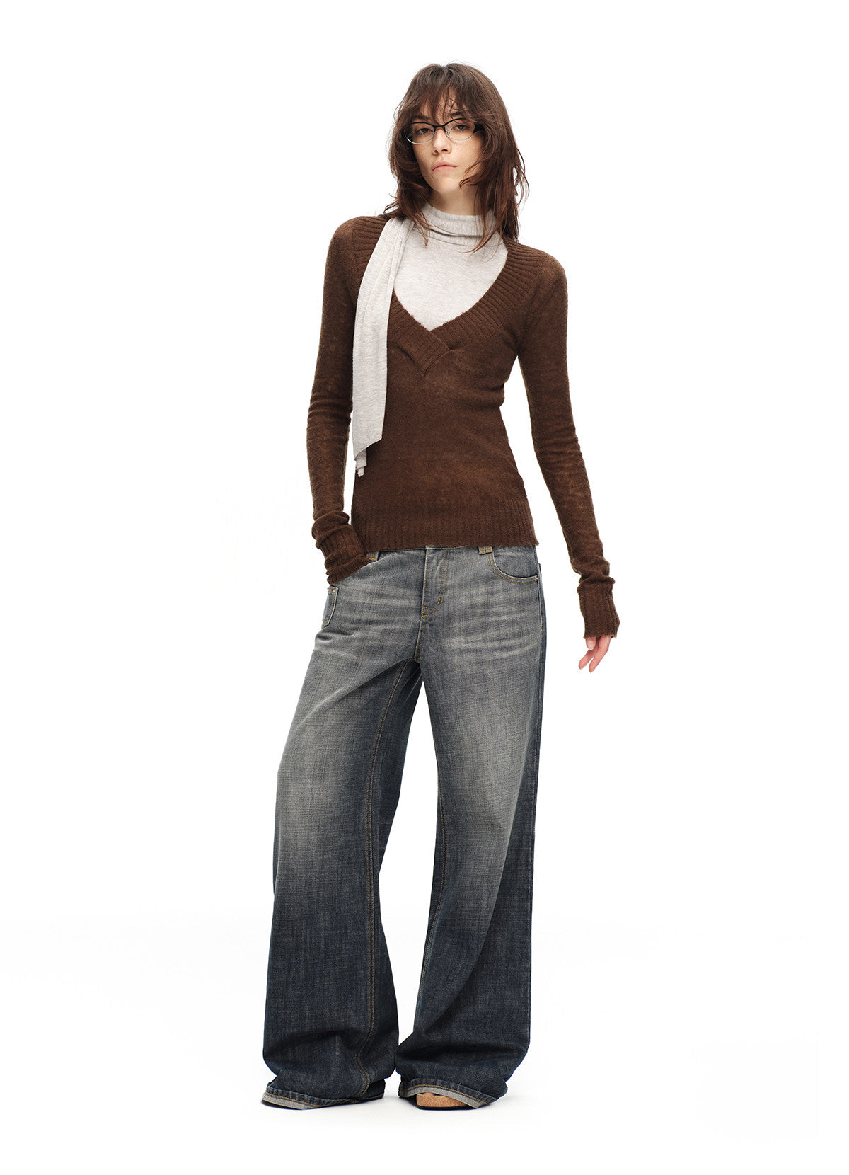 Faux Mohair Deep-V Sweater