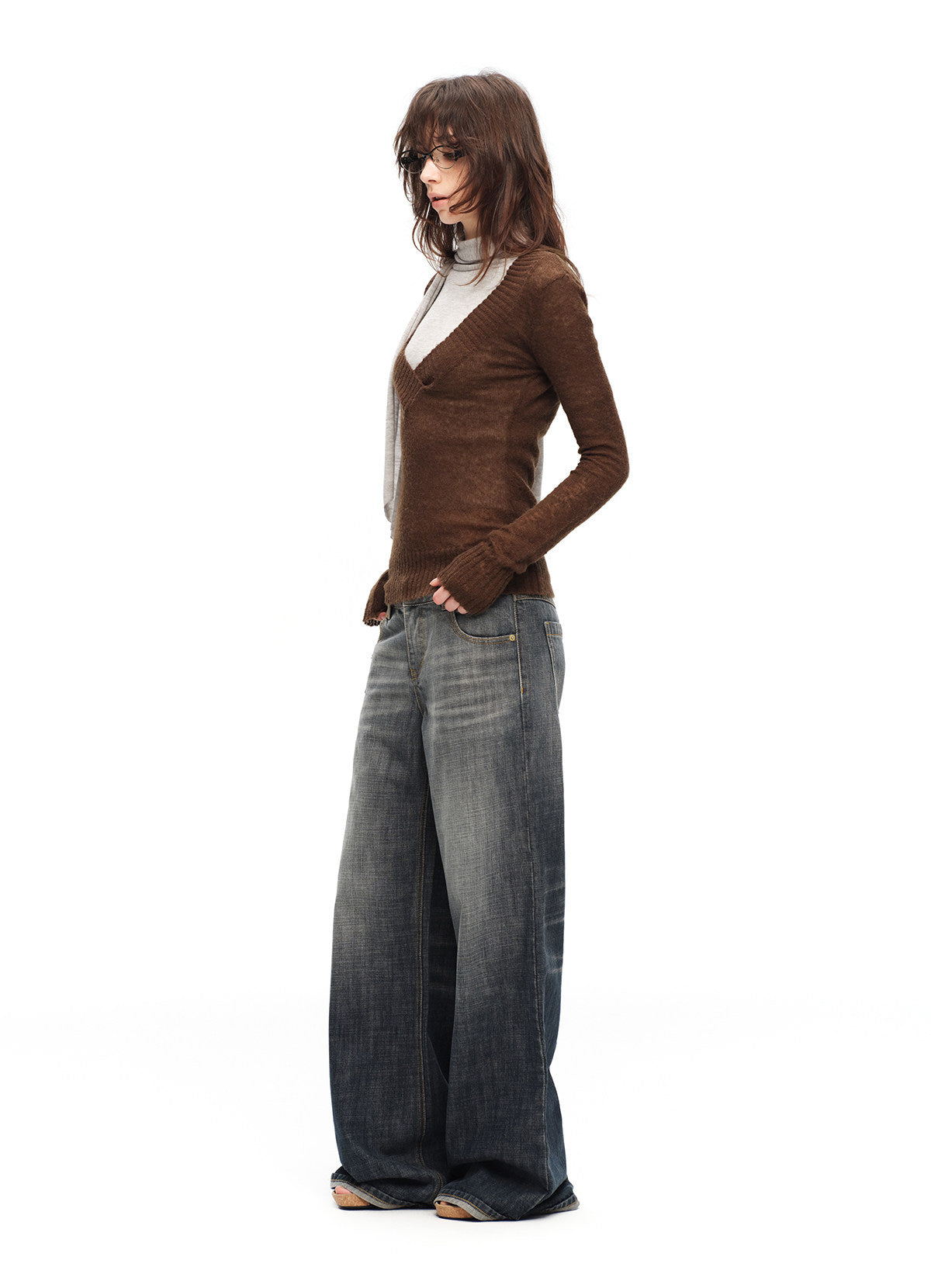 Faux Mohair Deep-V Sweater