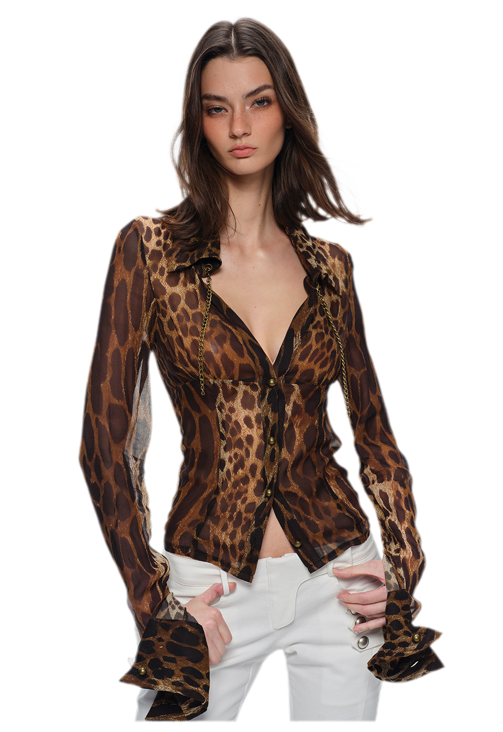 Leopard Fitted Sheer Long-Sleeve Shirt