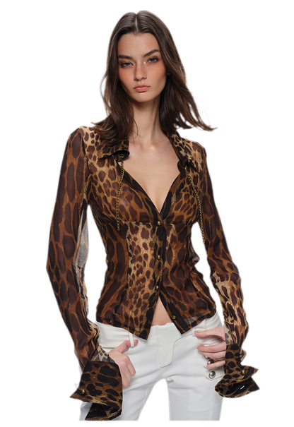 Leopard Fitted Sheer Long-Sleeve Shirt