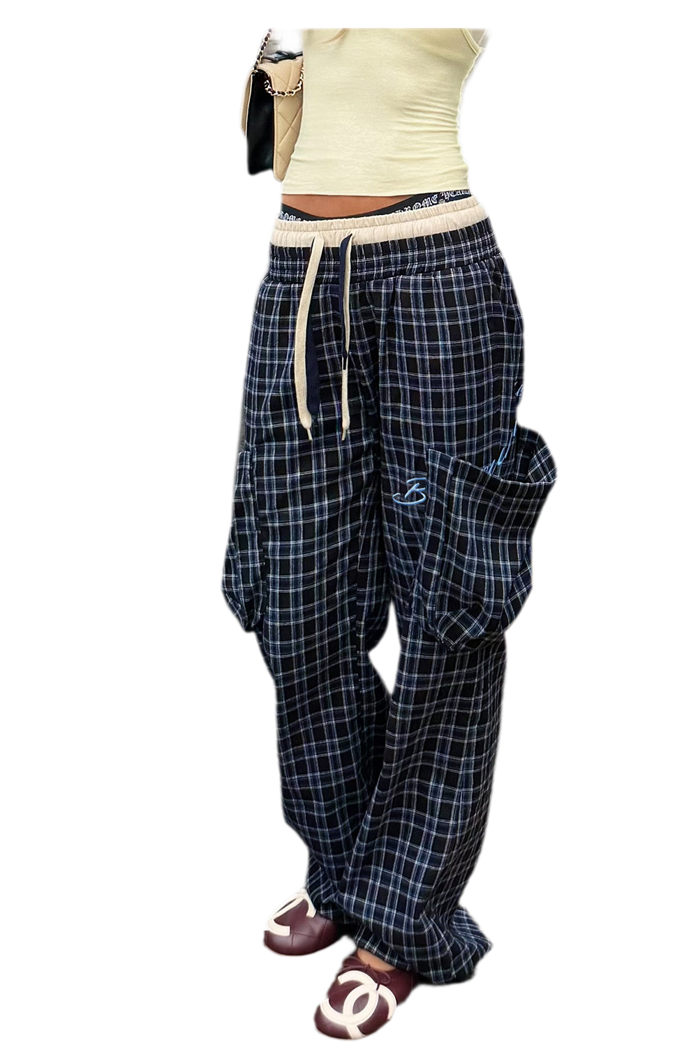 Plaid Drawstring Cargo Pants