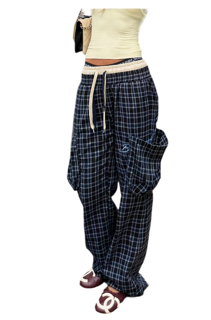 Plaid Drawstring Cargo Pants