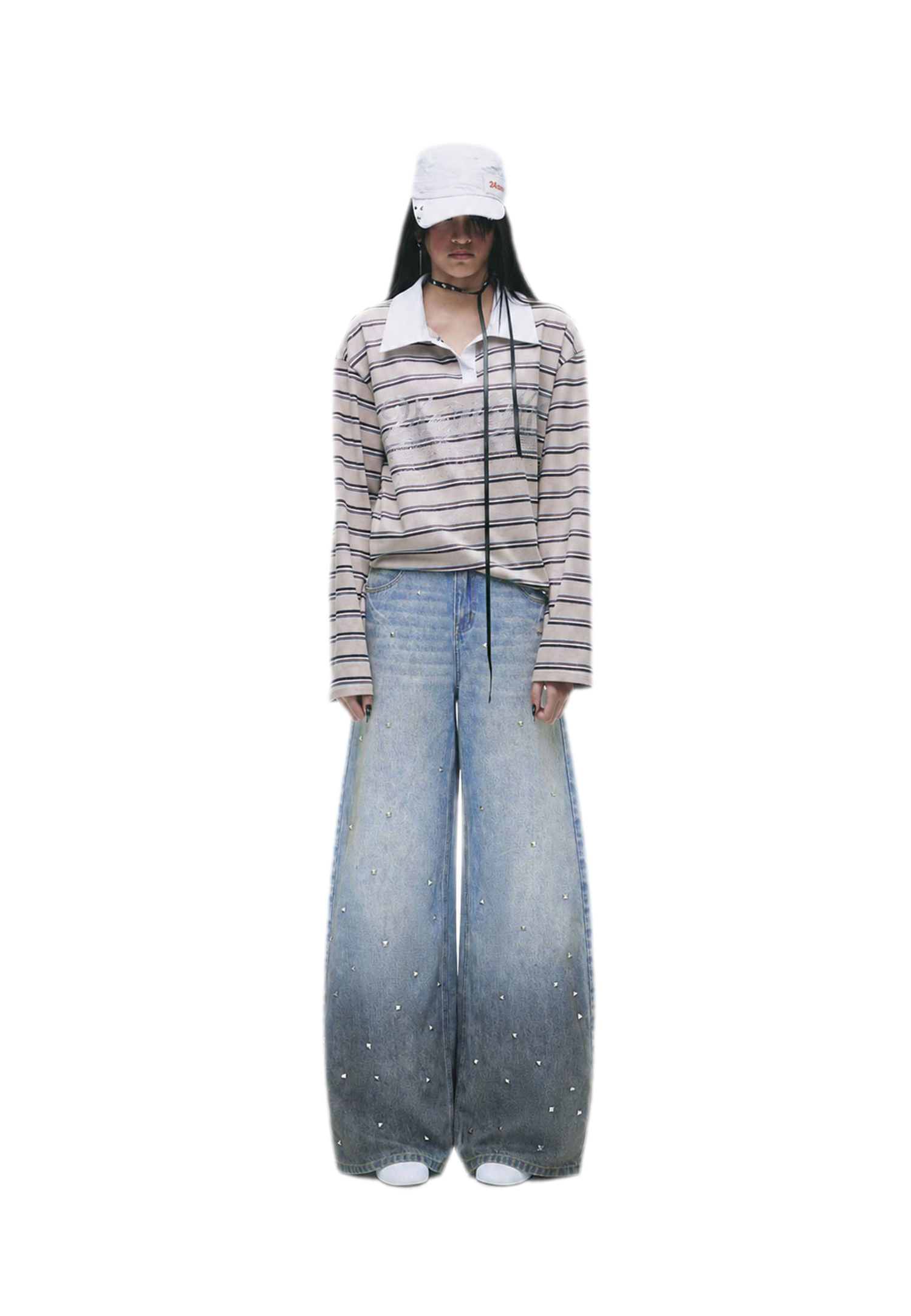Washed Studded Wide-Leg Jeans