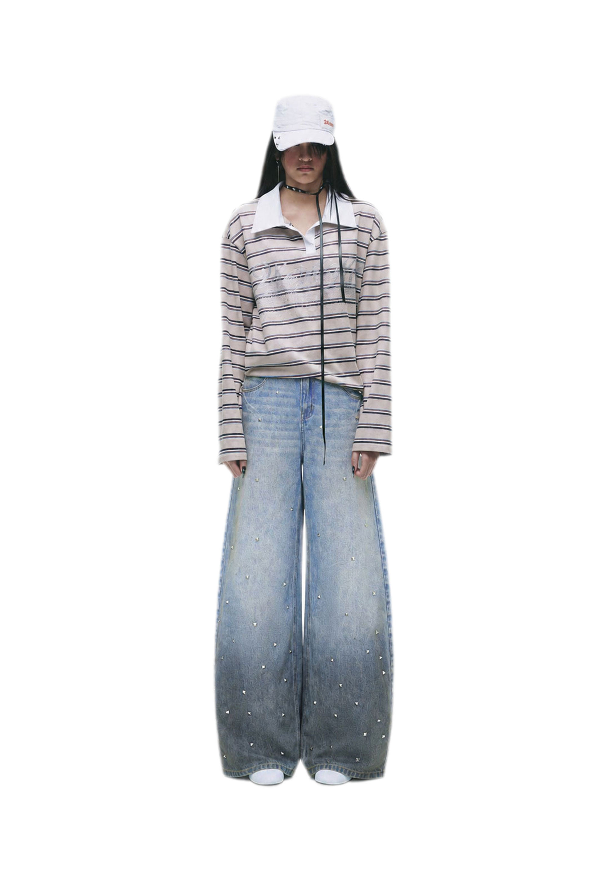 Washed Studded Wide-Leg Jeans