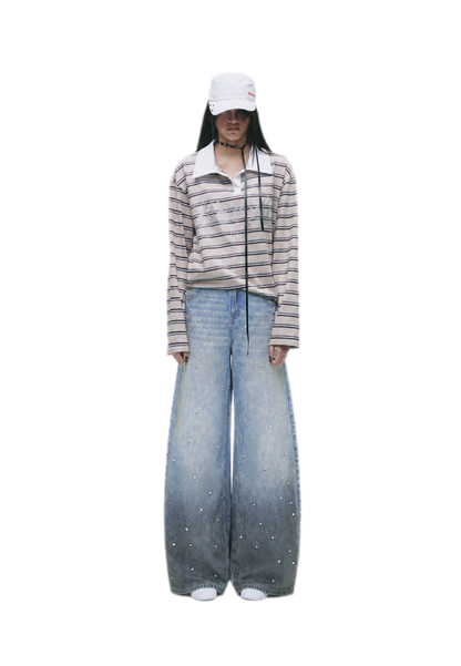 Washed Studded Wide-Leg Jeans