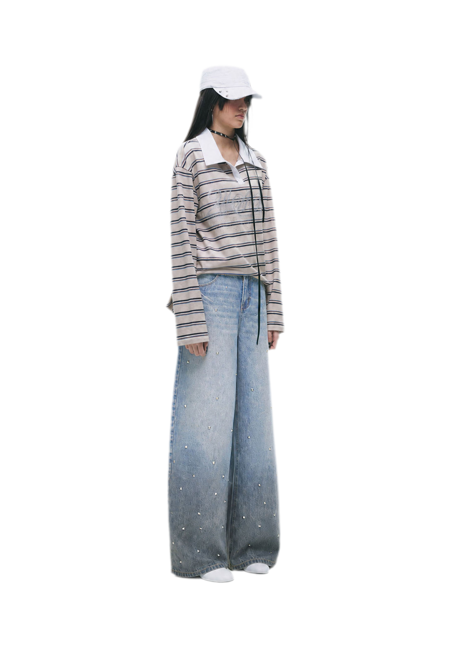 Washed Studded Wide-Leg Jeans