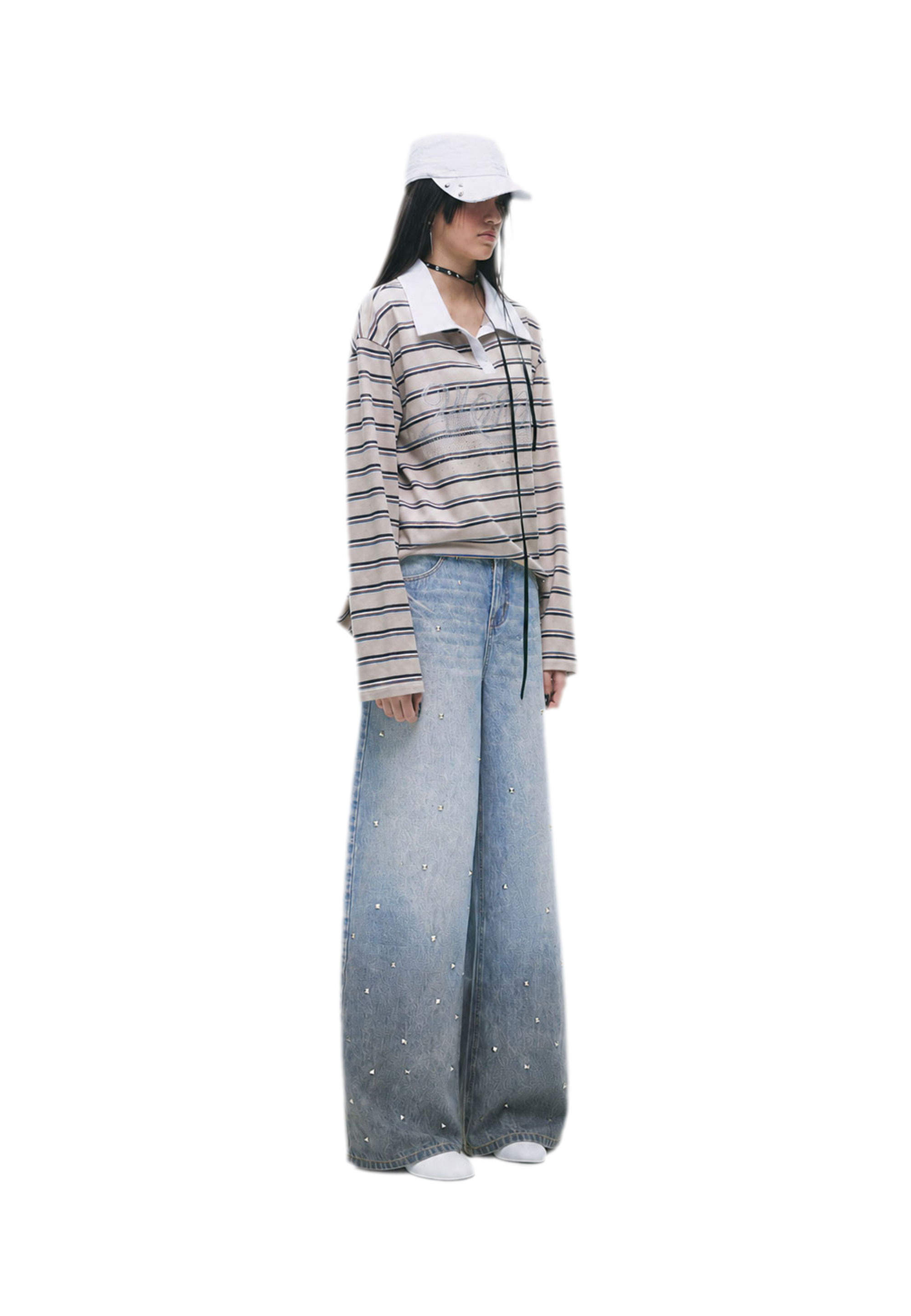 Washed Studded Wide-Leg Jeans