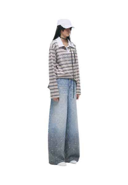 Washed Studded Wide-Leg Jeans